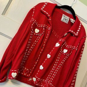 Michael Simon red sweater with heart buttons